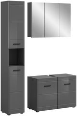 Moderne Badkombination in grauem Hochglanz mit Hochschrank, Spiegelschrank und Waschtischunterschrank, Frontalansicht