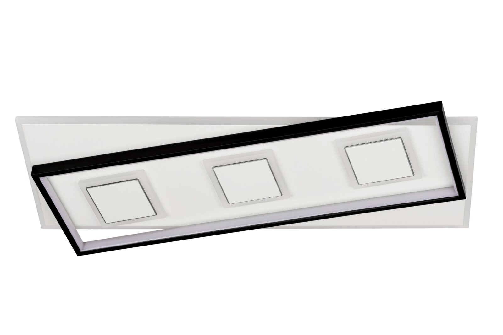 Moderne LED-Deckenleuchte mit drei quadratischen Lichtelementen, schräg von oben betrachtet.