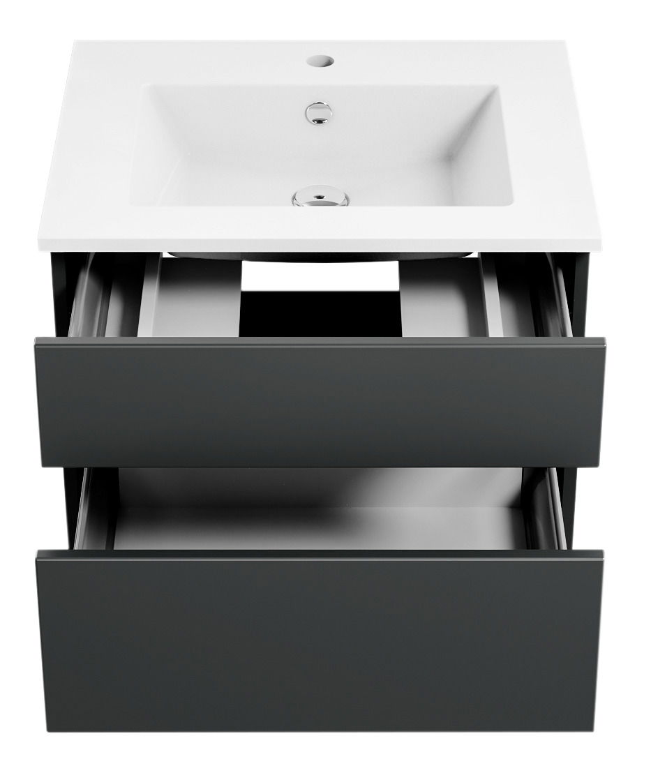 Moderne Badkombination mit Waschbecken und zwei offenen Schubladen, Ansicht von oben