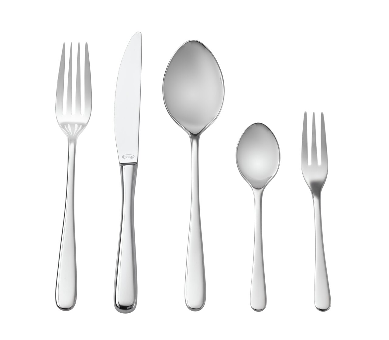 Besteck-Set Passion 30-tlg. in Vorderansicht, bestehend aus Gabel, Messer, Esslöffel, Teelöffel und Kuchengabel aus Edelstahl.