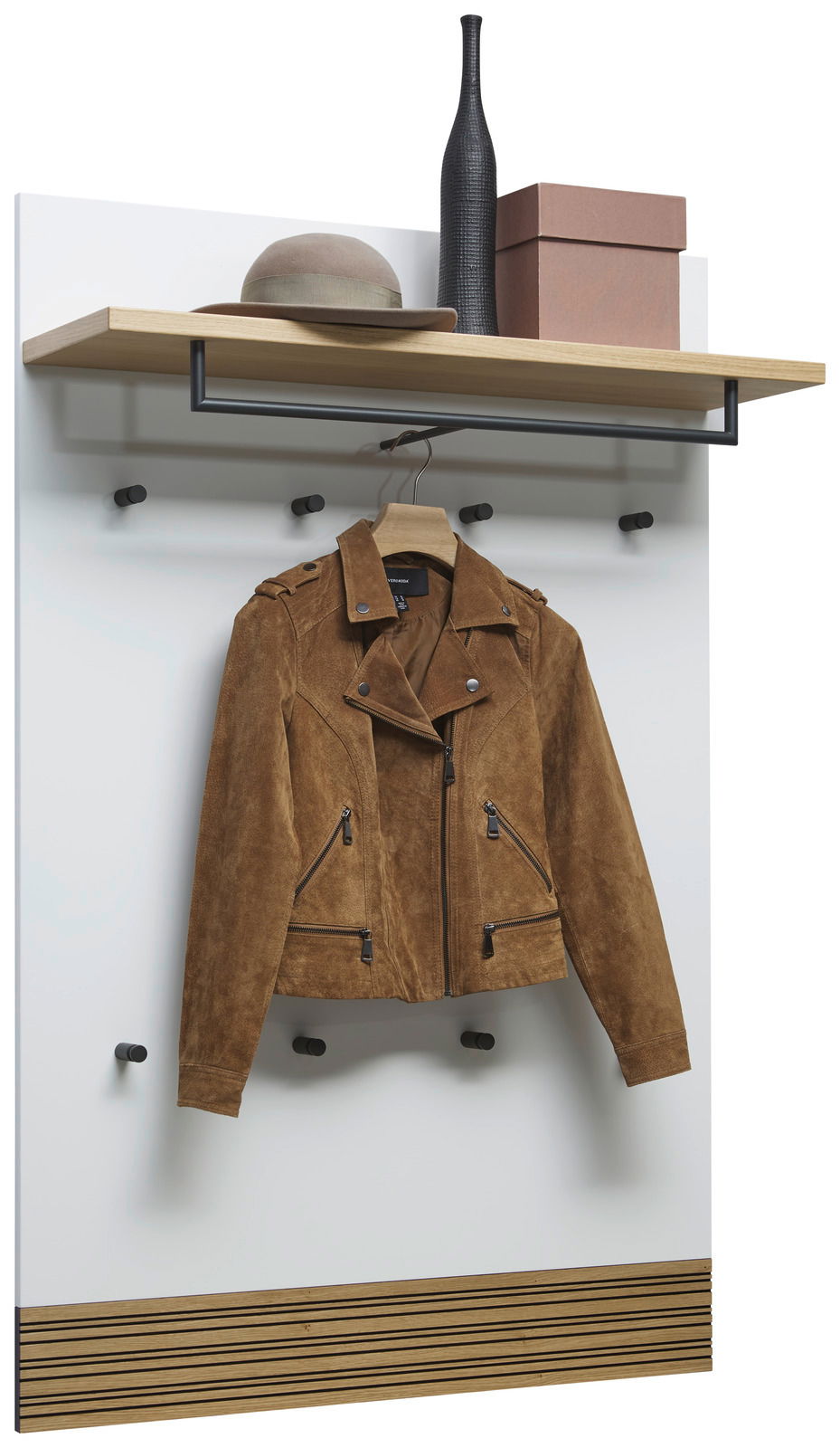 Dieter Knoll Breed garderobepaneel ARCO NOVA Garderobenpaneel mit Hutablage, Haken und einer braunen Jacke, seitliche Perspektive