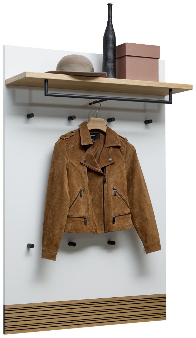 Dieter Knoll Garderobenpaneel breit ARCO NOVA Garderobenpaneel mit Hutablage, Haken und einer braunen Jacke, seitliche Perspektive