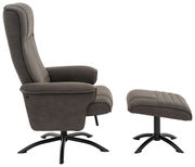 Seitliche Ansicht eines grauen Relaxsessels mit passendem Hocker auf schwarzem Metallgestell.