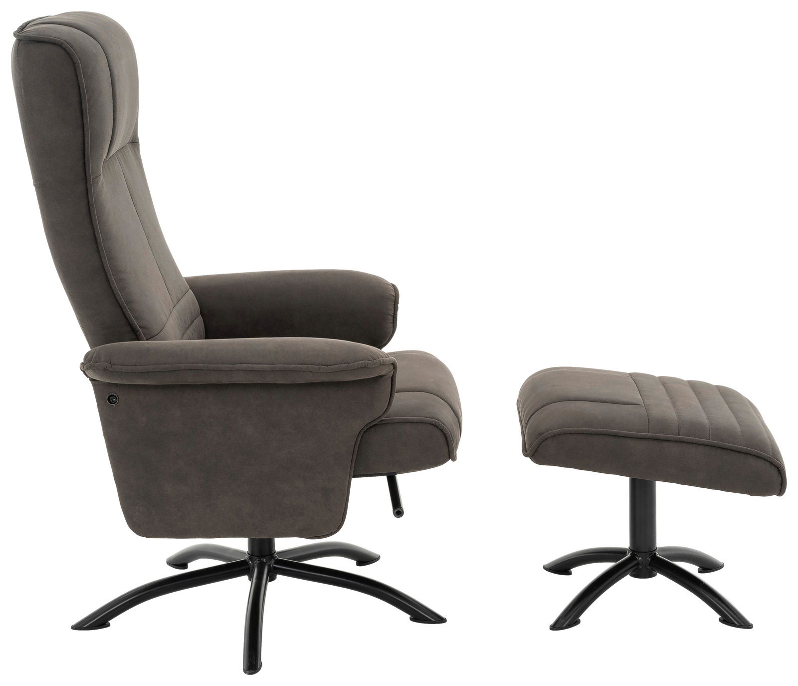 Seitliche Ansicht eines grauen Relaxsessels mit passendem Hocker auf schwarzem Metallgestell.