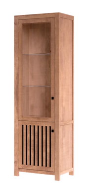 Houten vitrinekast met glazen deur en twee planken, zijaanzicht
