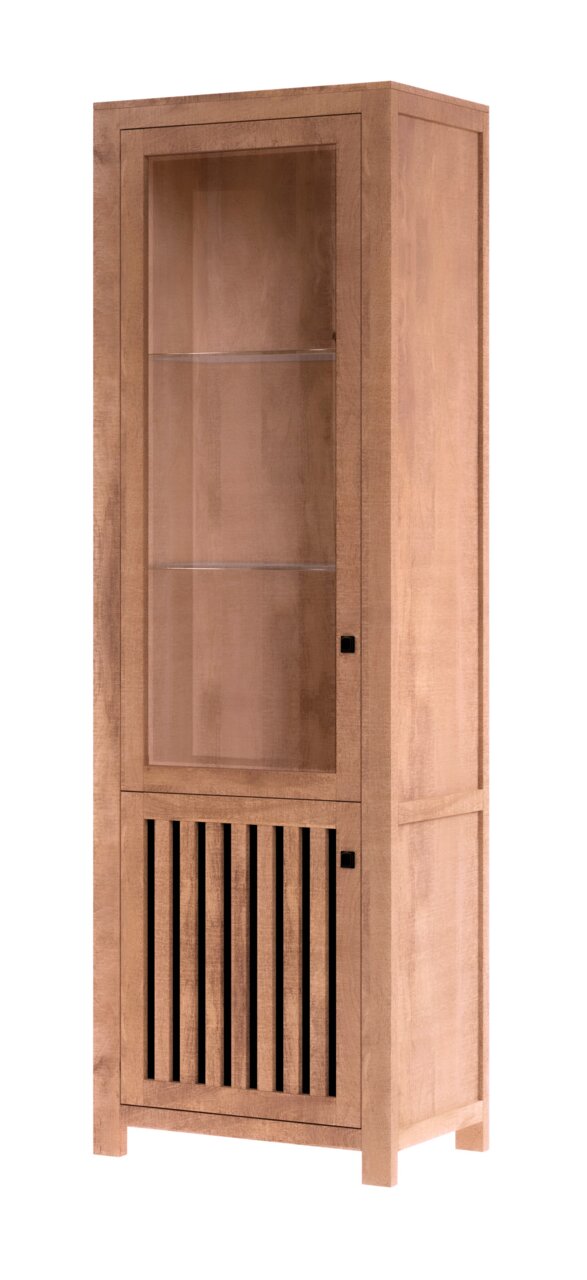 Houten vitrinekast met glazen deur en twee planken, zijaanzicht