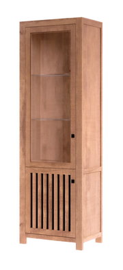 Holzvitrine mit Glastür und zwei Regalböden, seitliche Perspektive