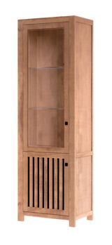 Holzvitrine mit Glastür und zwei Regalböden, seitliche Perspektive