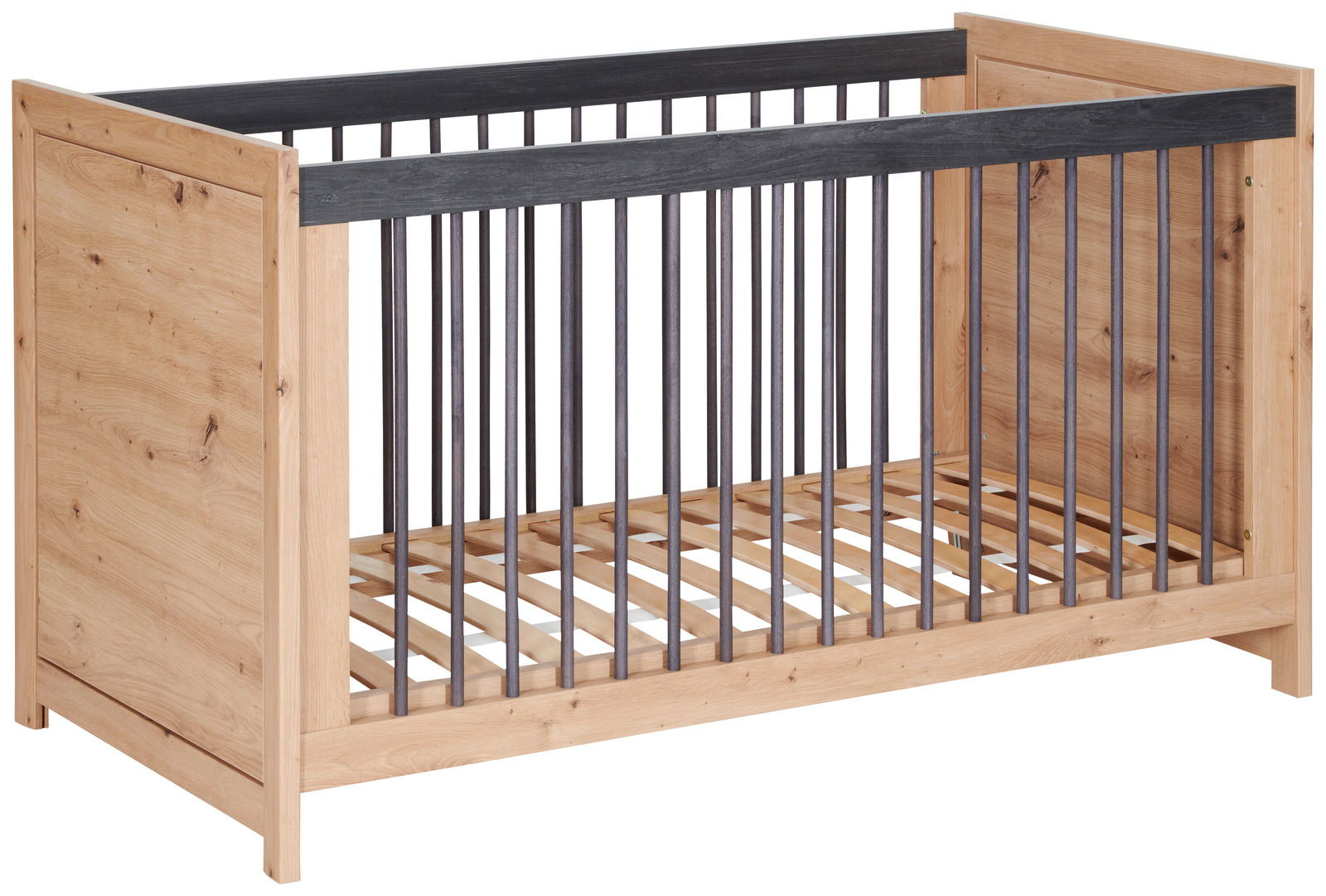 MyBaby Kinderbett BENTON Holzkinderbett mit dunklen Gitterstäben, seitliche Perspektive