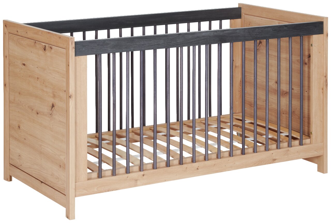 MyBaby Kinderbett BENTON Holzkinderbett mit dunklen Gitterstäben, seitliche Perspektive