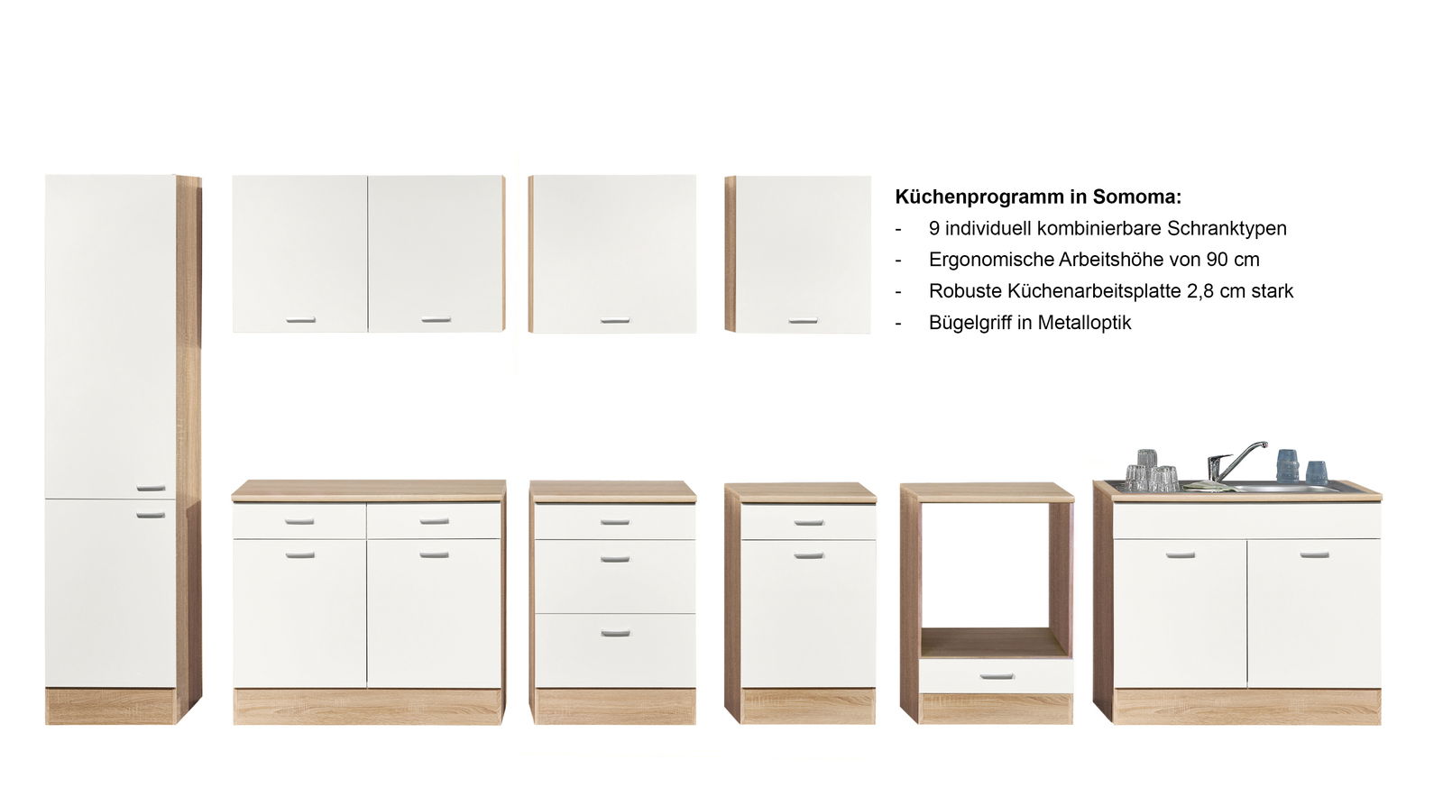 Küchenprogramm in Sonoma mit neun individuell kombinierbaren Schranktypen, ergonomischer Arbeitshöhe von 90 cm, robuster Küchenarbeitsplatte 2,8 cm stark und Bügelgriff in Metalloptik. Frontalansicht.