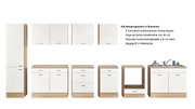 Keukenprogramma in Sonoma met negen onderling combineerbare kasttypes, een ergonomische werkhoogte van 90 cm, een robuust keukenblad van 2,8 cm dik en een beugelgreep in metaallook. Vooraanzicht.