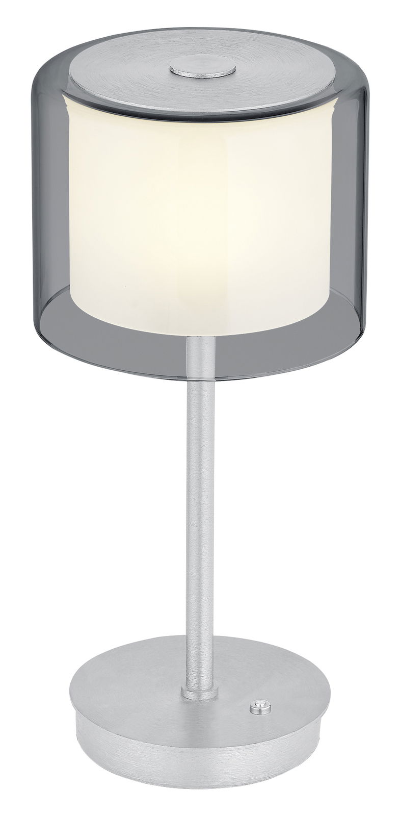 Elements by Bankamp LED-Tischleuchte KLARA Moderne LED-Tischleuchte KLARA mit zylindrischem, transparentem Schirm und silbernem Standfuß, seitliche Perspektive.