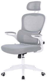 Moderner grauer Drehstuhl mit Kopfstütze und Armlehnen, seitliche Perspektive