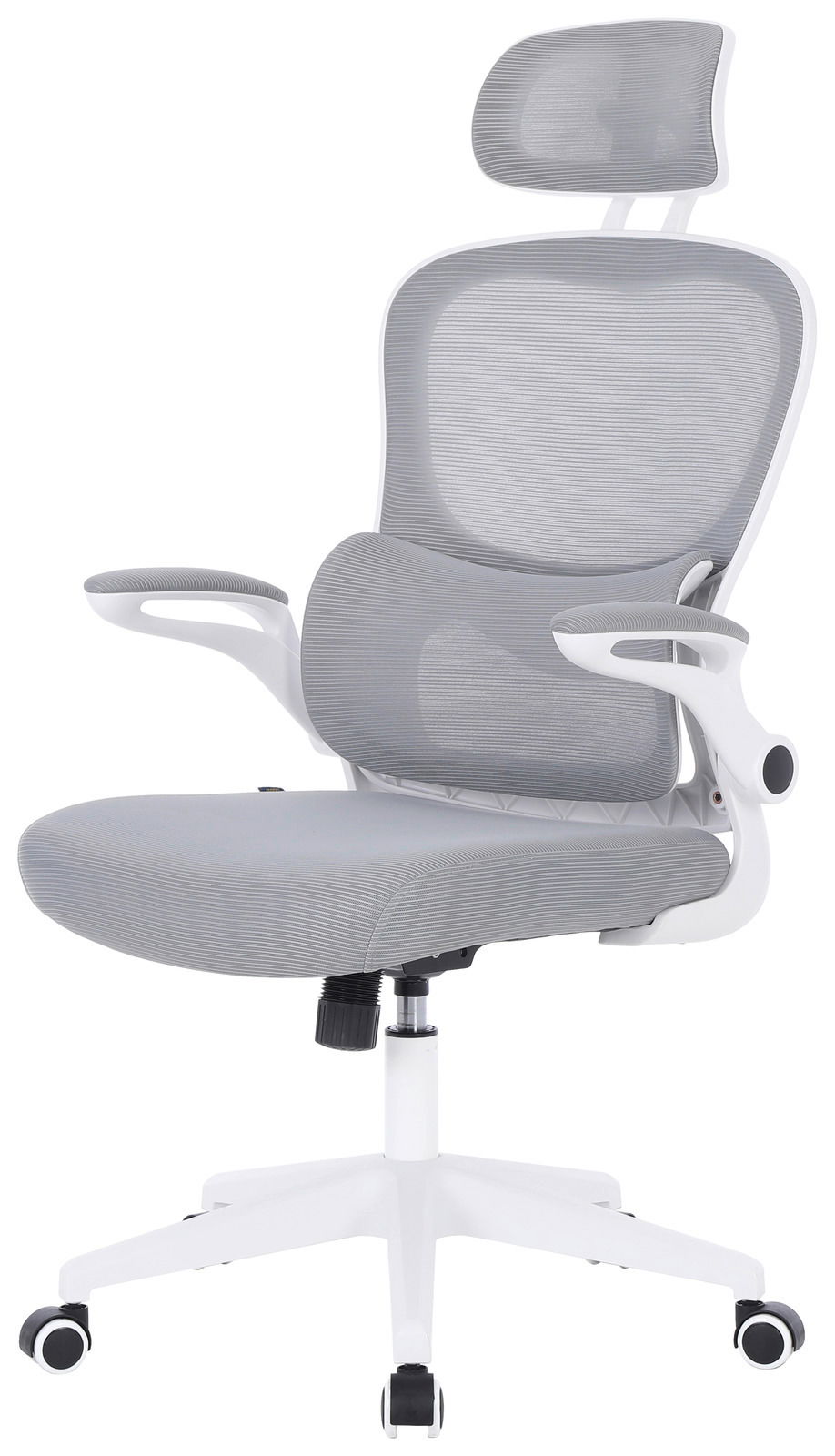 Moderner grauer Drehstuhl mit Kopfstütze und Armlehnen, seitliche Perspektive