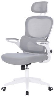 Moderner grauer Drehstuhl mit Kopfstütze und Armlehnen, seitliche Perspektive