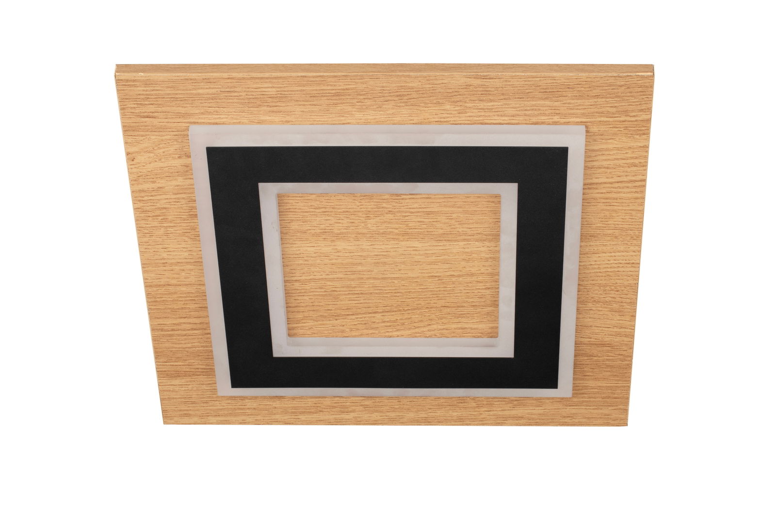 Quadratische LED-Deckenleuchte mit Holzoptik und schwarzem Rahmen, Ansicht von unten.