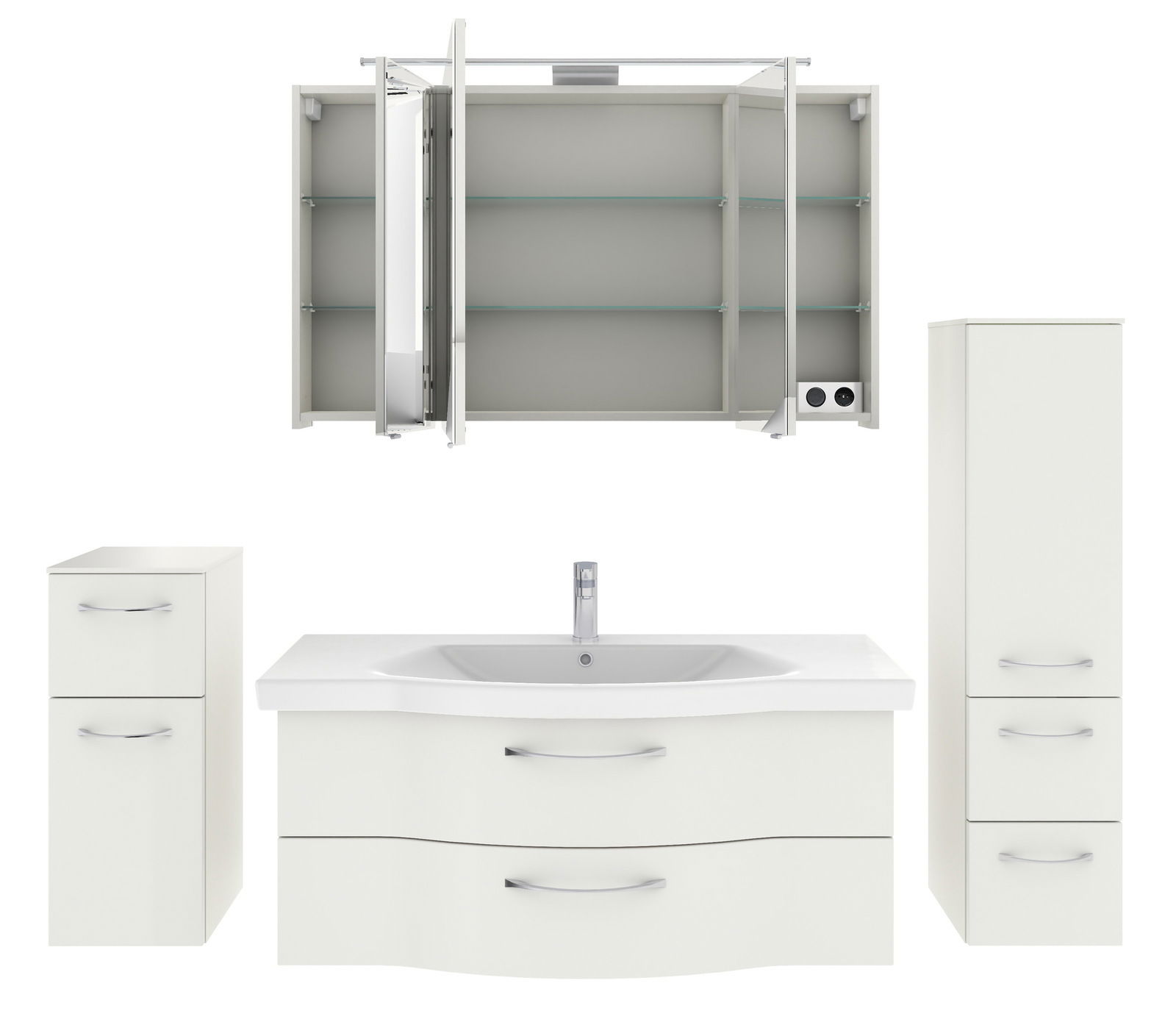 Badezimmermöbel-Set in Weiß, bestehend aus einem Waschtisch mit zwei Schubladen, einem hohen Schrank mit drei Fächern, einem kleinen Schrank mit zwei Fächern und einem Spiegelschrank mit offenen Türen. Frontalansicht.