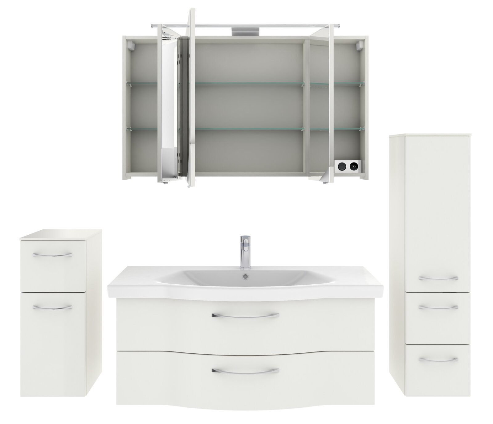 Badezimmermöbel-Set in Weiß, bestehend aus einem Waschtisch mit zwei Schubladen, einem hohen Schrank mit drei Fächern, einem kleinen Schrank mit zwei Fächern und einem Spiegelschrank mit offenen Türen. Frontalansicht.