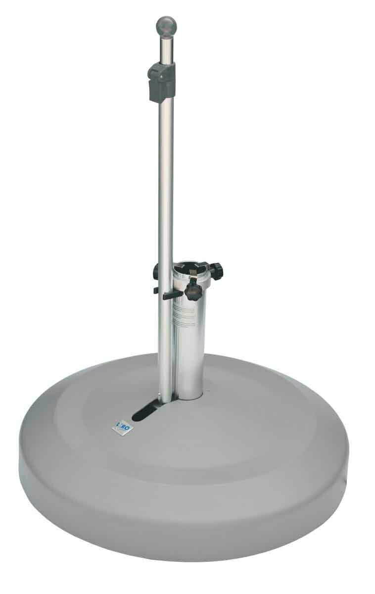 Grauer Schirmständer mit rundem Sockel und vertikaler Stange, seitliche Perspektive