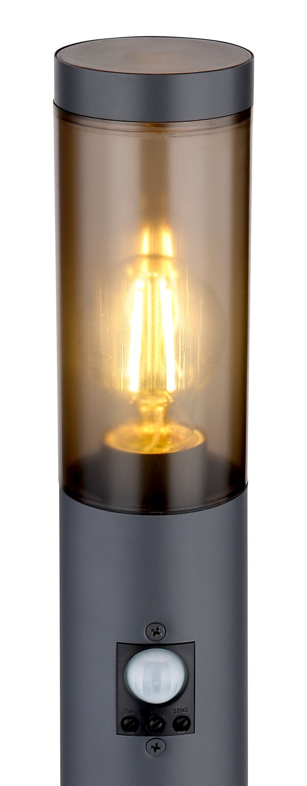 Moderne Außenleuchte mit zylindrischem Design, warmem Licht und integriertem Bewegungssensor, seitliche Perspektive.
