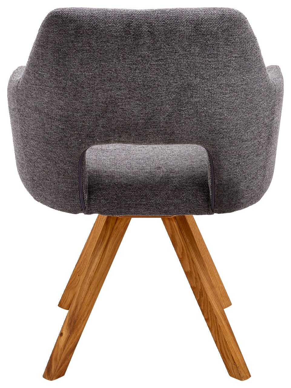 Achterkant van een grijze fauteuil uit de EVITA-serie met houten poten