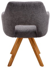 Achterkant van een grijze fauteuil uit de EVITA-serie met houten poten