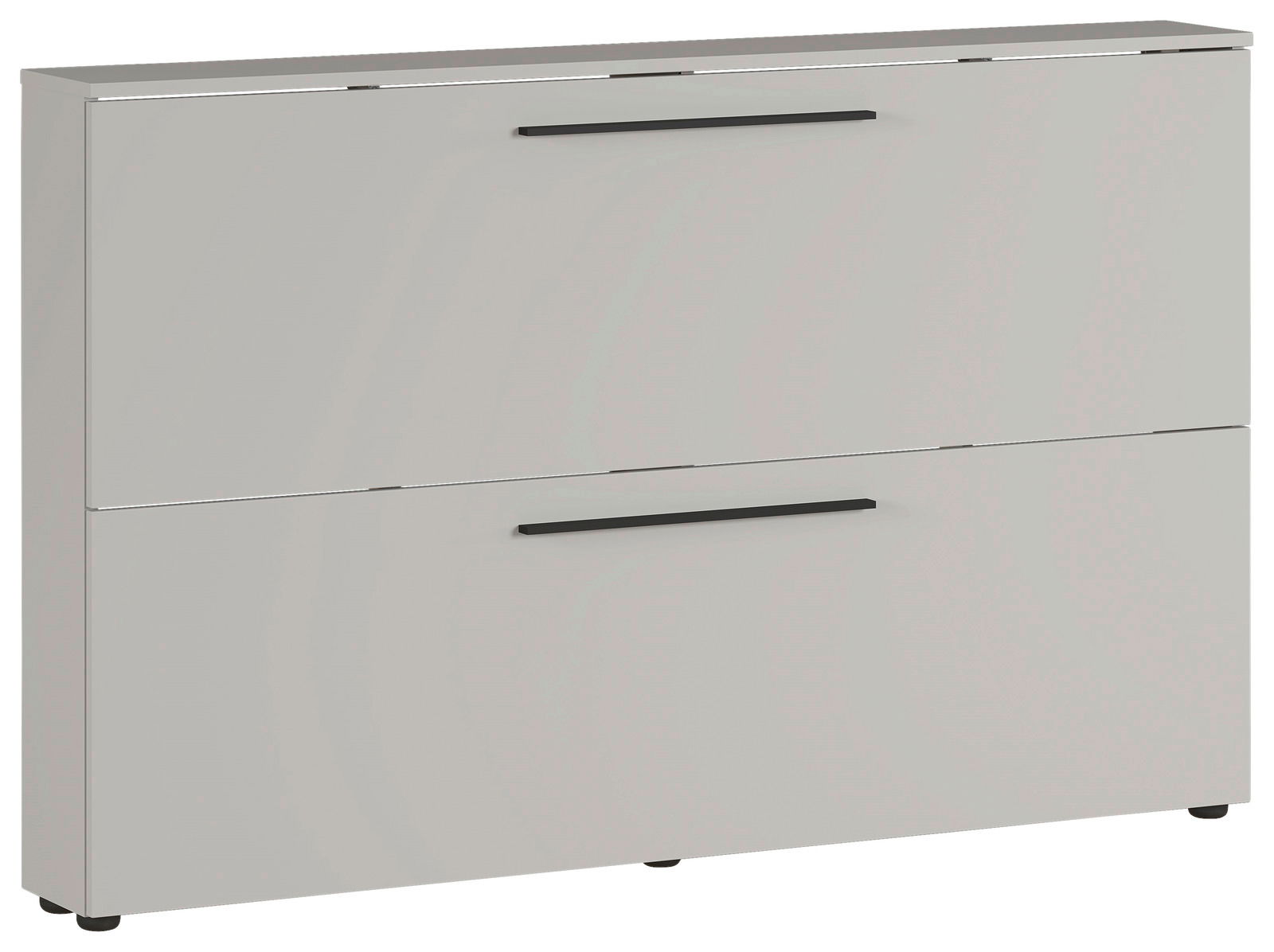 Moderner Schuhschrank in hellem Grau mit zwei Klappen und schwarzen Griffen, seitliche Perspektive