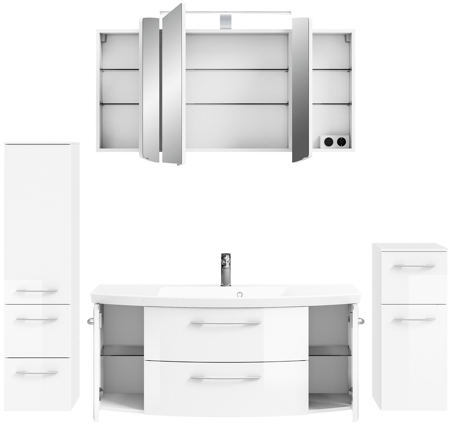 Pelipal Badkombination CASSCA SPRINT Moderne Badkombination in Weiß mit Spiegelschrank, Waschbeckenunterschrank und zwei zusätzlichen Schränken, frontal betrachtet.