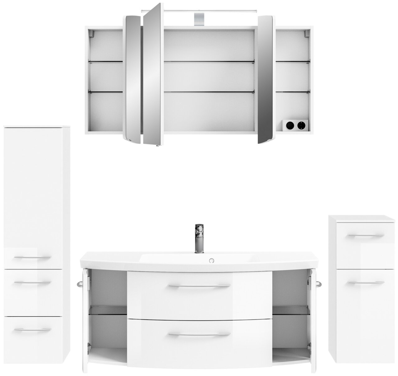 Pelipal Badkombination CASSCA SPRINT Moderne Badkombination in Weiß mit Spiegelschrank, Waschbeckenunterschrank und zwei zusätzlichen Schränken, frontal betrachtet.