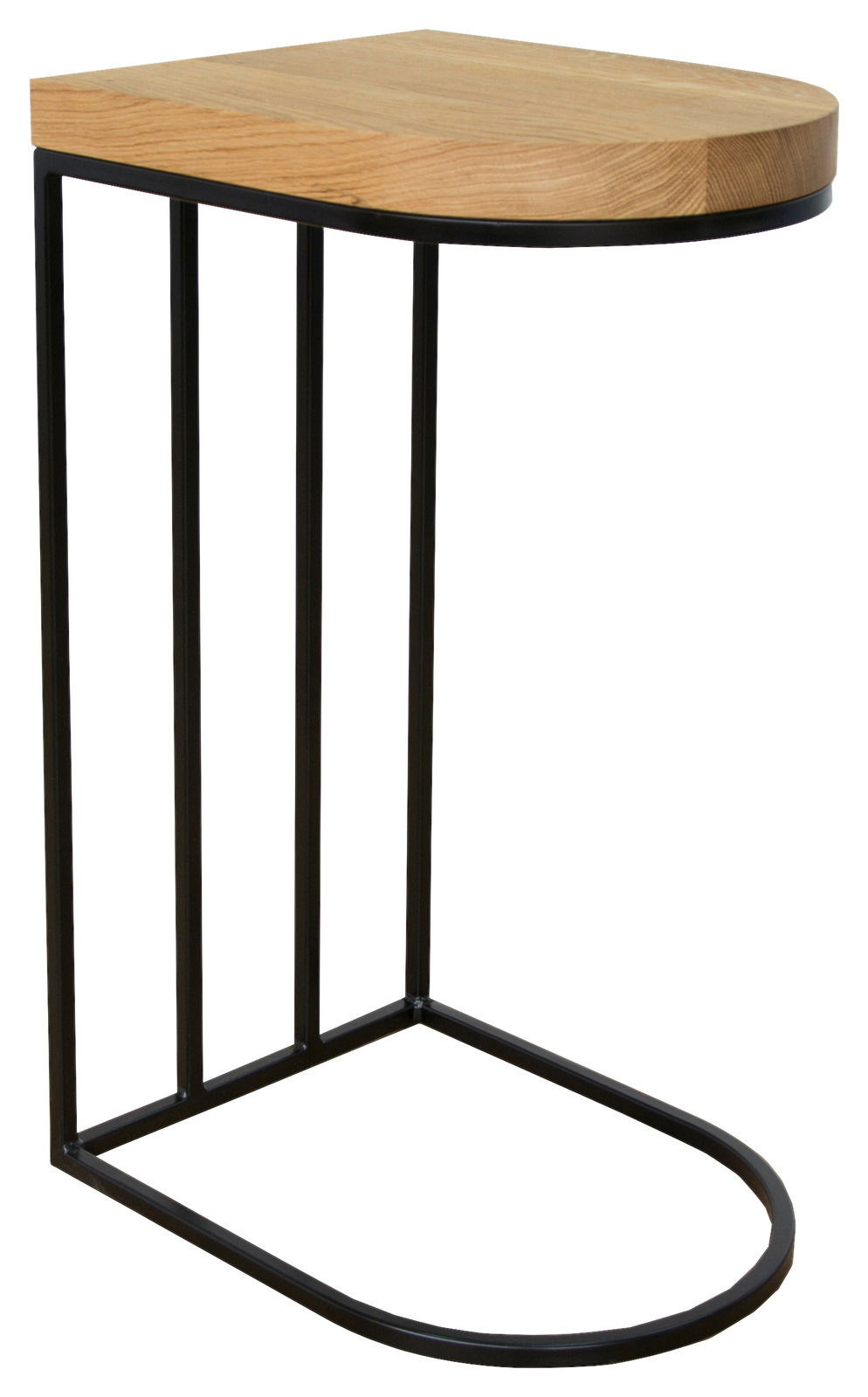 Halbrunder Beistelltisch mit Holzplatte und schwarzem Metallgestell, seitliche Perspektive