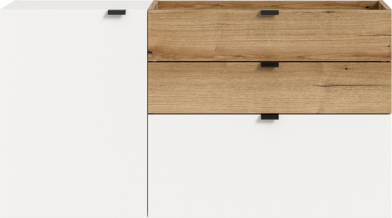 Moderne Kommode in Weiß und Eiche-Optik mit drei Schubladen und schwarzen Griffen, Frontansicht