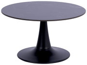 Moderner runder Couchtisch mit schwarzer Marmoroptik und konischem Fuß, seitliche Perspektive