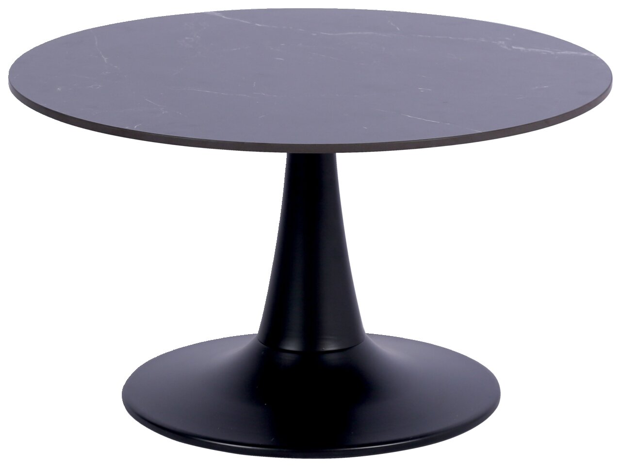 Moderner runder Couchtisch mit schwarzer Marmoroptik und konischem Fuß, seitliche Perspektive