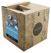 Verpackung des 12-teiligen Tellersets Mediterraneum von Arthur Krupp, schräg von vorne fotografiert.