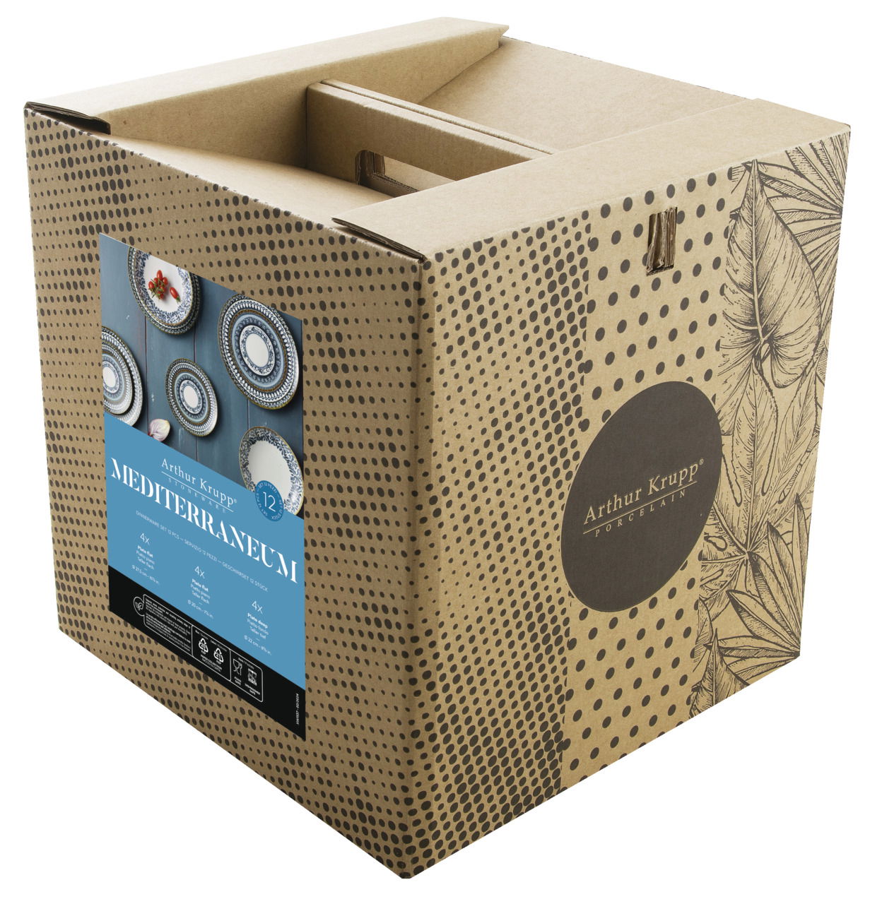 Verpackung des 12-teiligen Tellersets Mediterraneum von Arthur Krupp, schräg von vorne fotografiert.