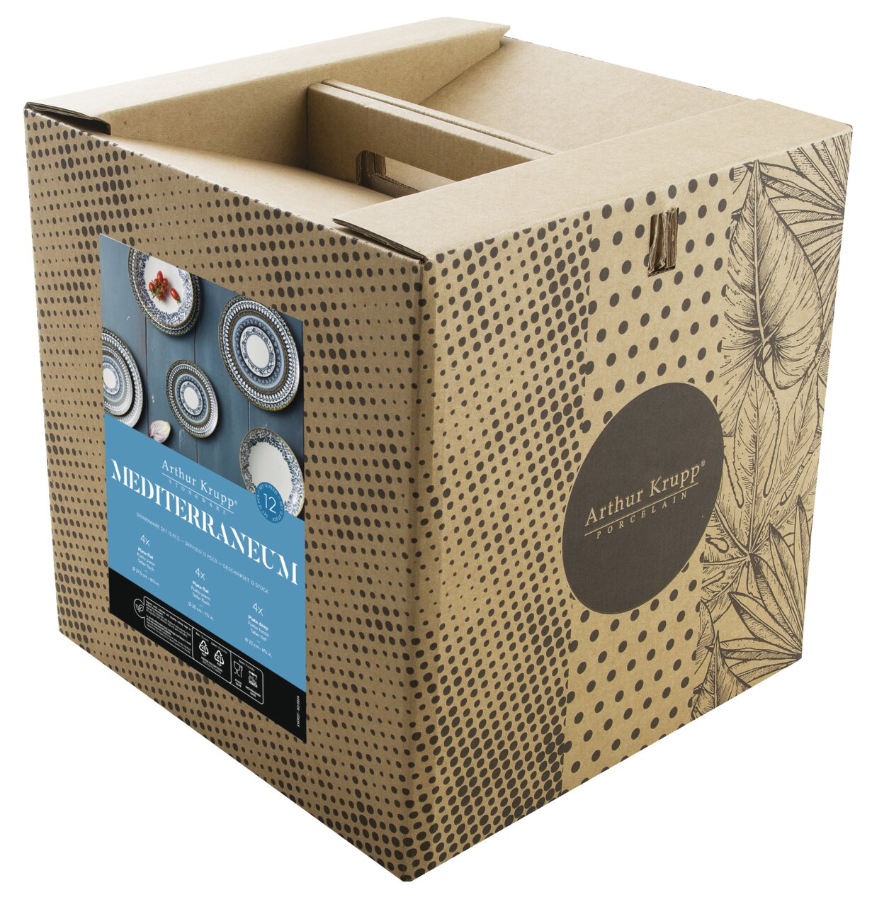Arthur Krupp Servies set Mediterraneum, 12-delig Verpackung des 12-teiligen Tellersets Mediterraneum von Arthur Krupp, schräg von vorne fotografiert.