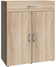 Kommode aus Holz mit zwei Türen und einer Schublade, frontal fotografiert