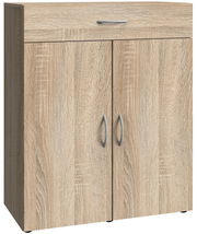 Kommode aus Holz mit zwei Türen und einer Schublade, frontal fotografiert