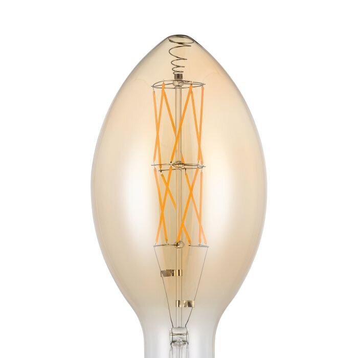 Close-up frontaanzicht van een amberkleurige LED-filamentlamp in kaarsvorm met zichtbaar gloeidraadpatroon op een witte achtergrond