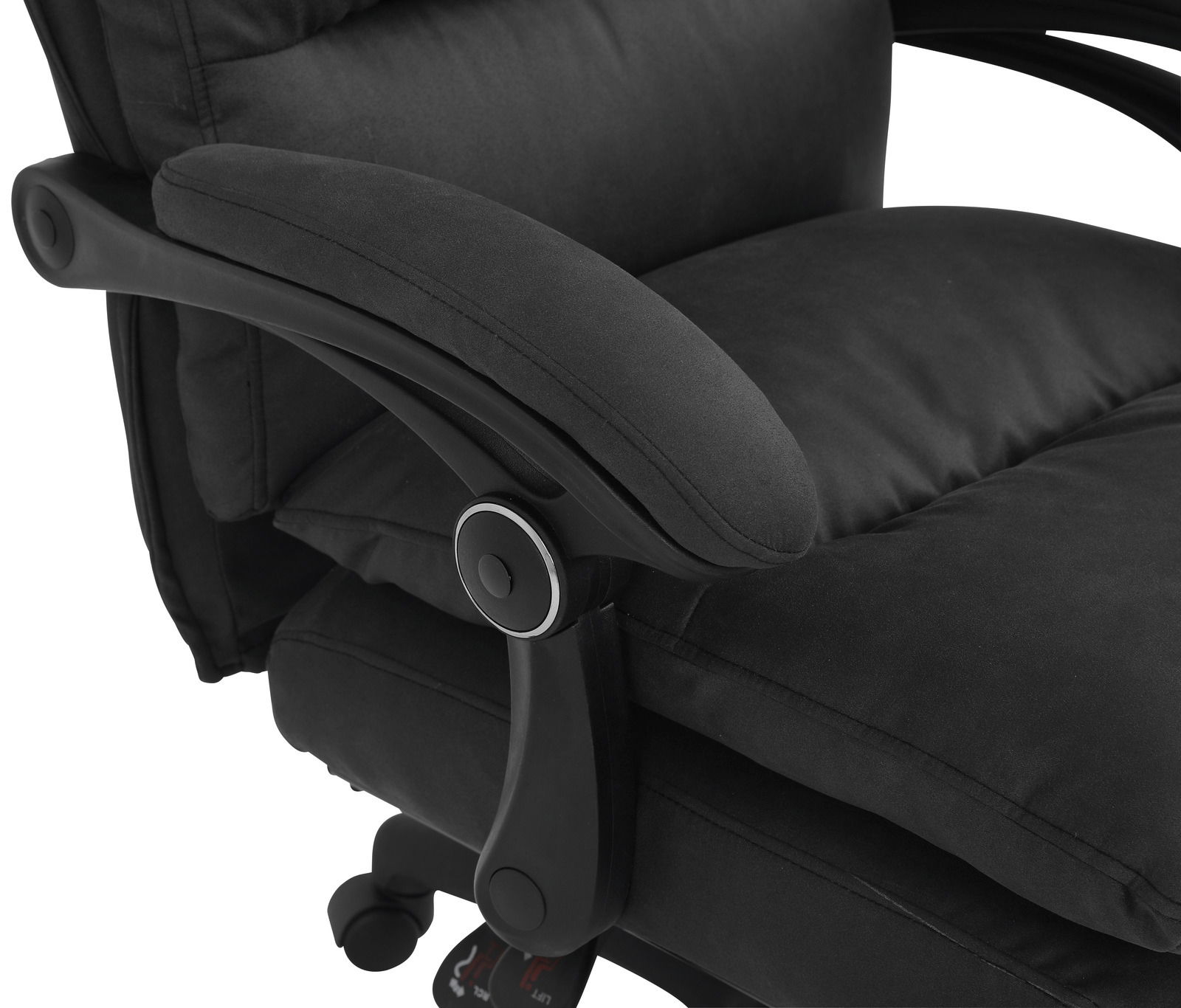 Schwarzer Chefsessel mit gepolsterten Armlehnen, seitliche Perspektive