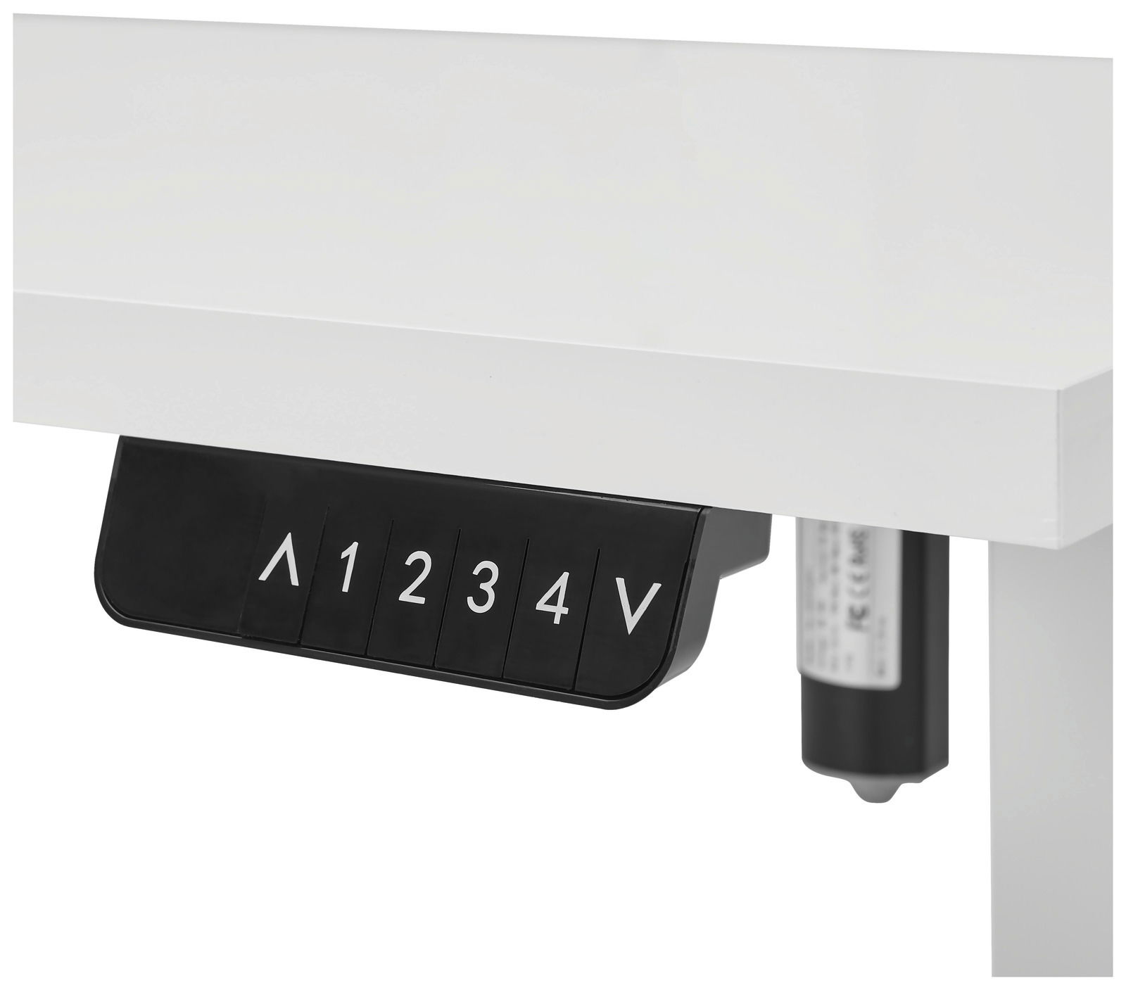Weiße E-Tischplatte mit schwarzem Bedienfeld, seitliche Perspektive
