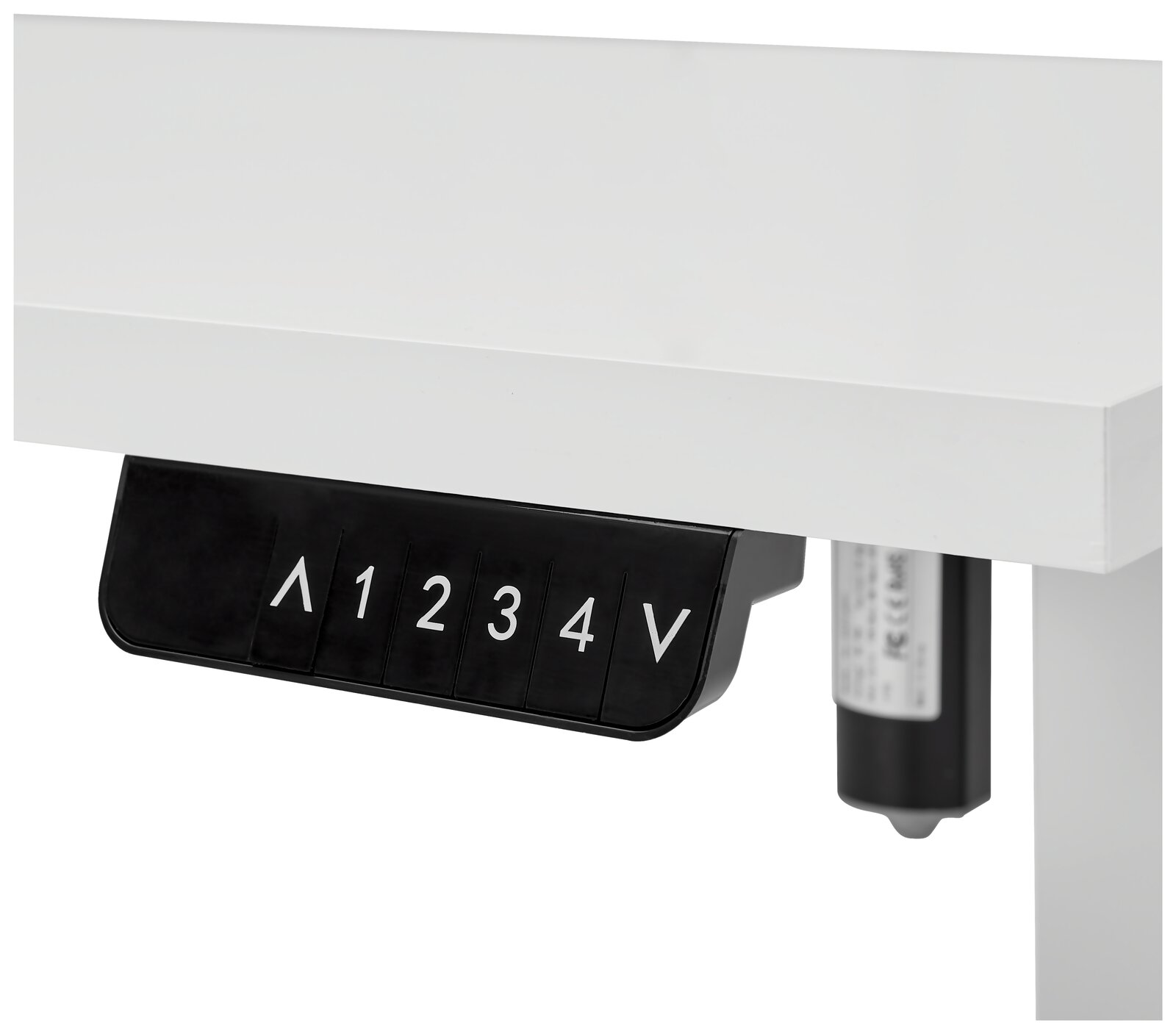 Weiße E-Tischplatte mit schwarzem Bedienfeld, seitliche Perspektive