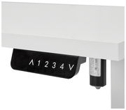 Weiße E-Tischplatte mit schwarzem Bedienfeld, seitliche Perspektive