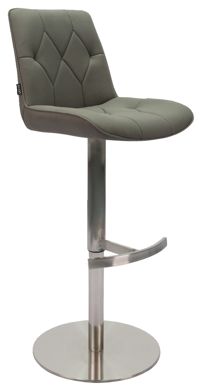 Novel Barhocker HENRY Moderner Barhocker Novel HENRY mit gepolsterter Sitzfläche und Rückenlehne in grauem Stoff, verchromtem Standfuß und Fußstütze, seitliche Perspektive.