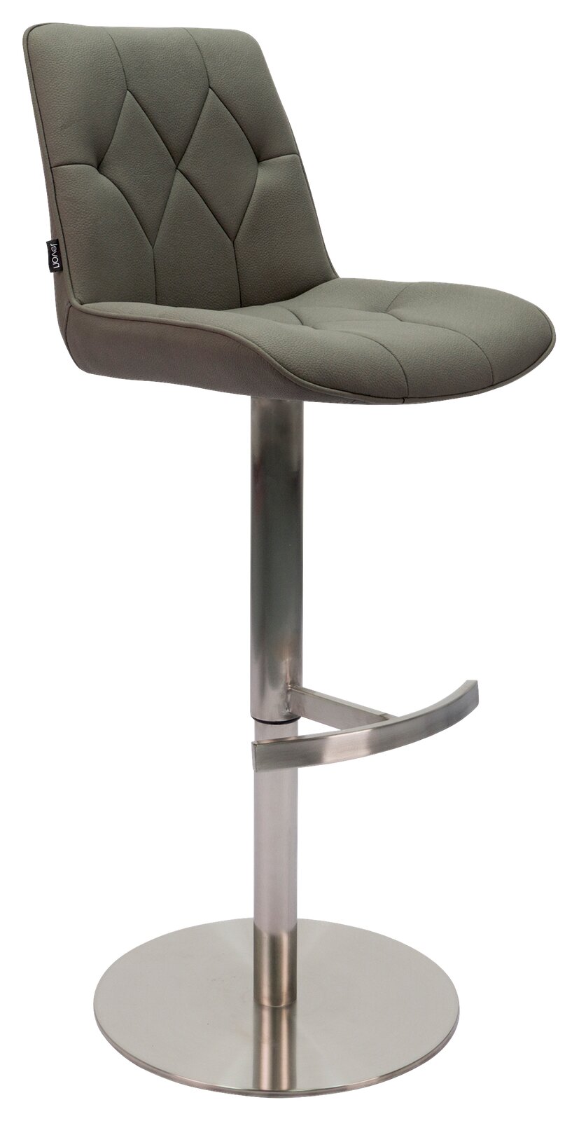Novel Barhocker HENRY Moderner Barhocker Novel HENRY mit gepolsterter Sitzfläche und Rückenlehne in grauem Stoff, verchromtem Standfuß und Fußstütze, seitliche Perspektive.