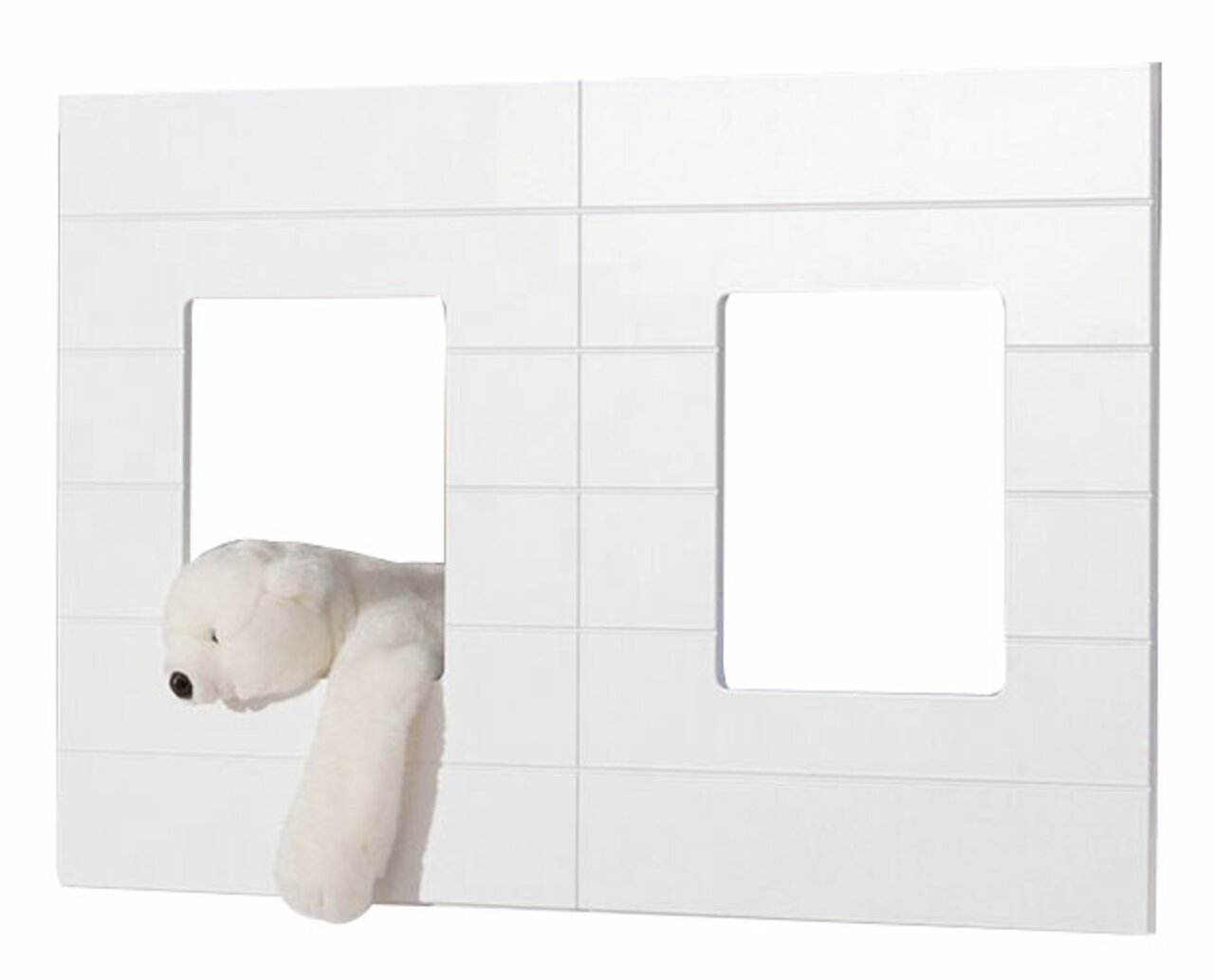 Paidi Raampanelen – set van 2 TINY-HOUSE Weißes Fensterpaneele-Set mit zwei rechteckigen Öffnungen, aus denen ein Plüschtier herausragt. Frontalansicht.