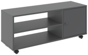 Grauer TV-Rollwagen mit zwei offenen Regalfächern und einer Tür, auf Rollen, seitliche Perspektive