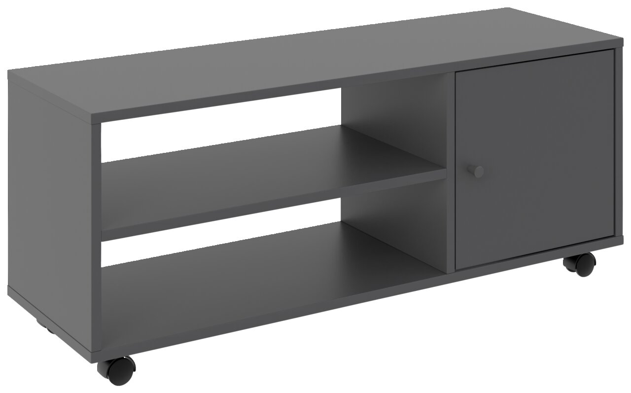 Grauer TV-Rollwagen mit zwei offenen Regalfächern und einer Tür, auf Rollen, seitliche Perspektive
