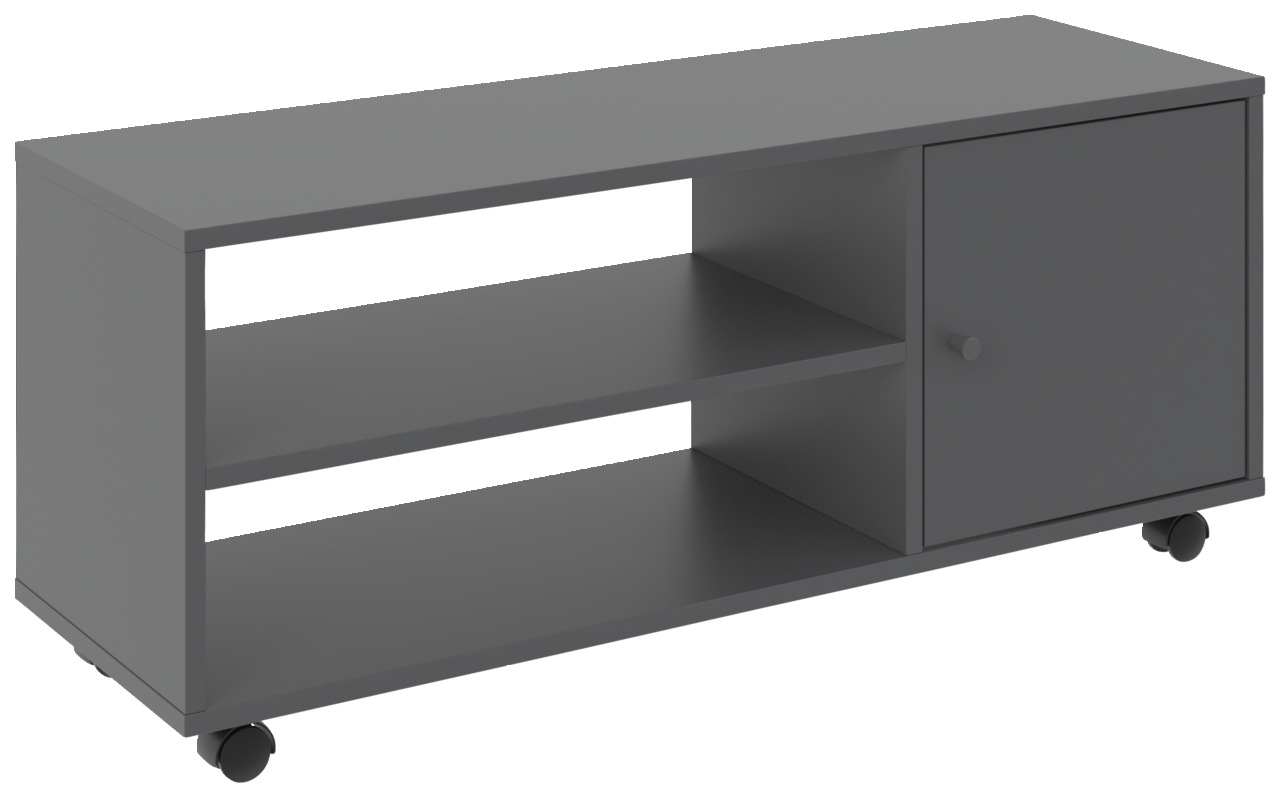 Grauer TV-Rollwagen mit zwei offenen Regalfächern und einer Tür, auf Rollen, seitliche Perspektive